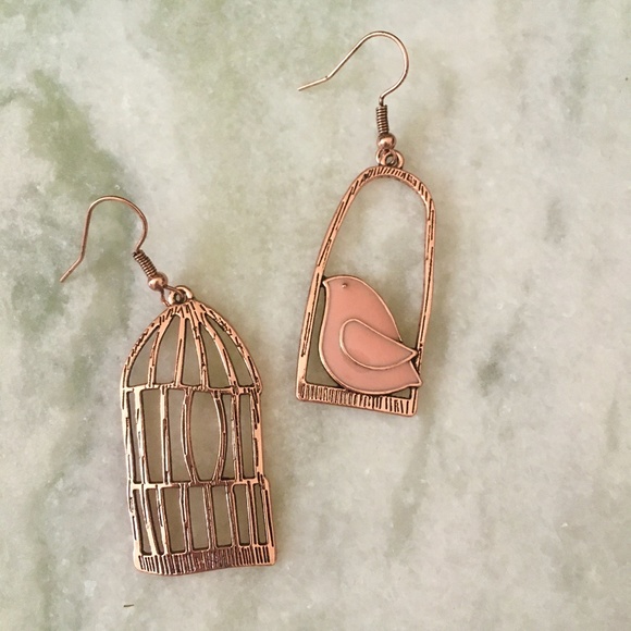 Bird Cage Antique Bronze Gold Chic Pink Earrings - Picture 8 of 8